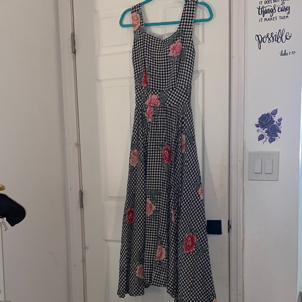 Vintage Leslie Lucks Black and White Checkered Dress with Pink Floral Accents